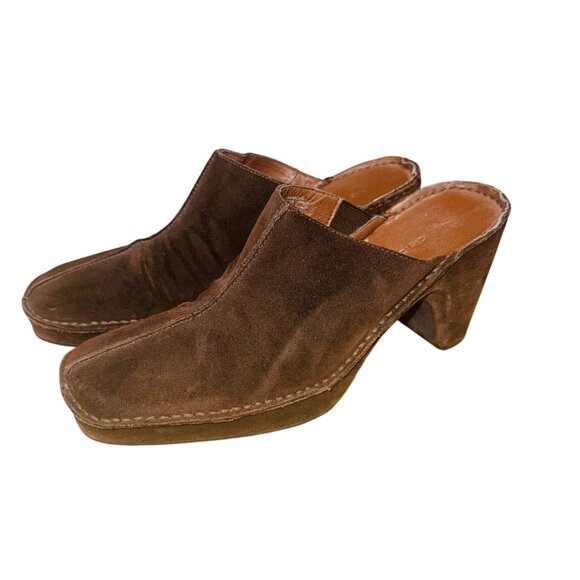 Vintage Liz Claiborne Square Toe Womens Brown Suede High Heel Mules 8M Retro 70s - Picture 2 of 10
